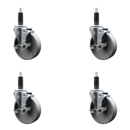Service Caster 5'' Semi Steel Swivel 1'' Expanding Stem Caster Set with Brake, 4PK SCC-EX20S515-SSR-TLB-1-4